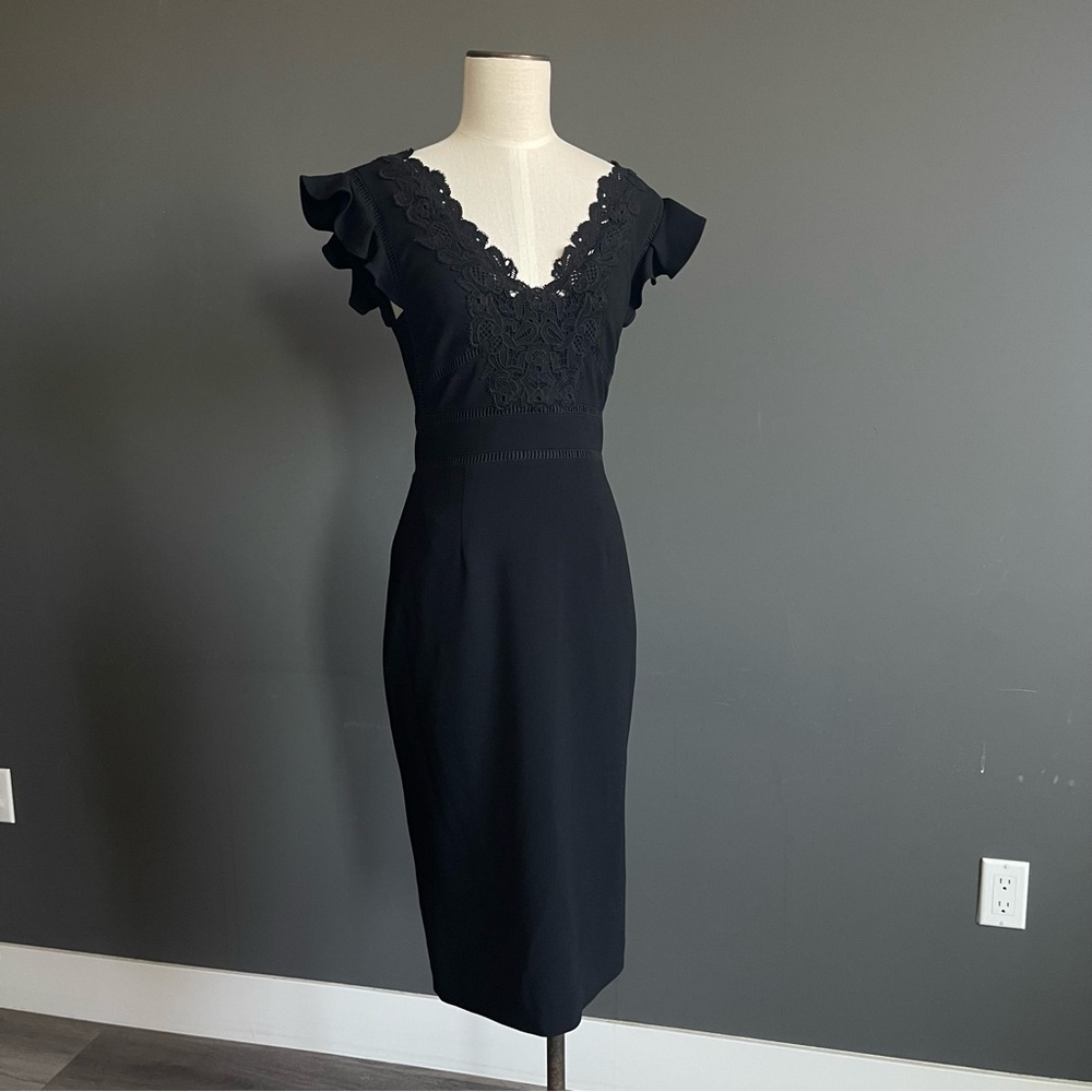 Rebecca Taylor Black Lace Midi Dress Feminine LBD Cocktail Party Wedding Event